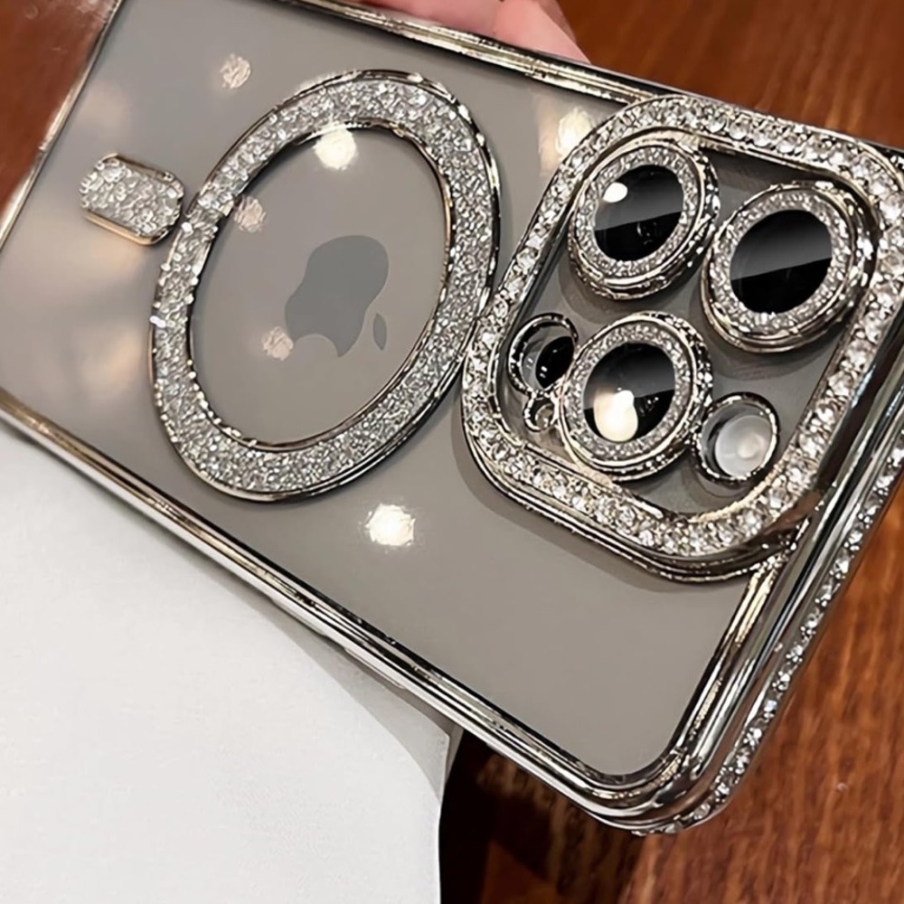 CLEAR SILVER RHINESTONE BLING IPHONE 15PRO PHONECASE WITH KICKSTAND - Picture 10 of 14